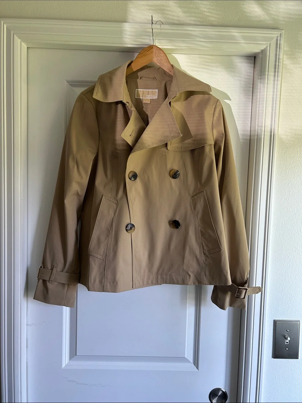 Michael Kors Women's Short Double-Breasted Tan Trench Jacket